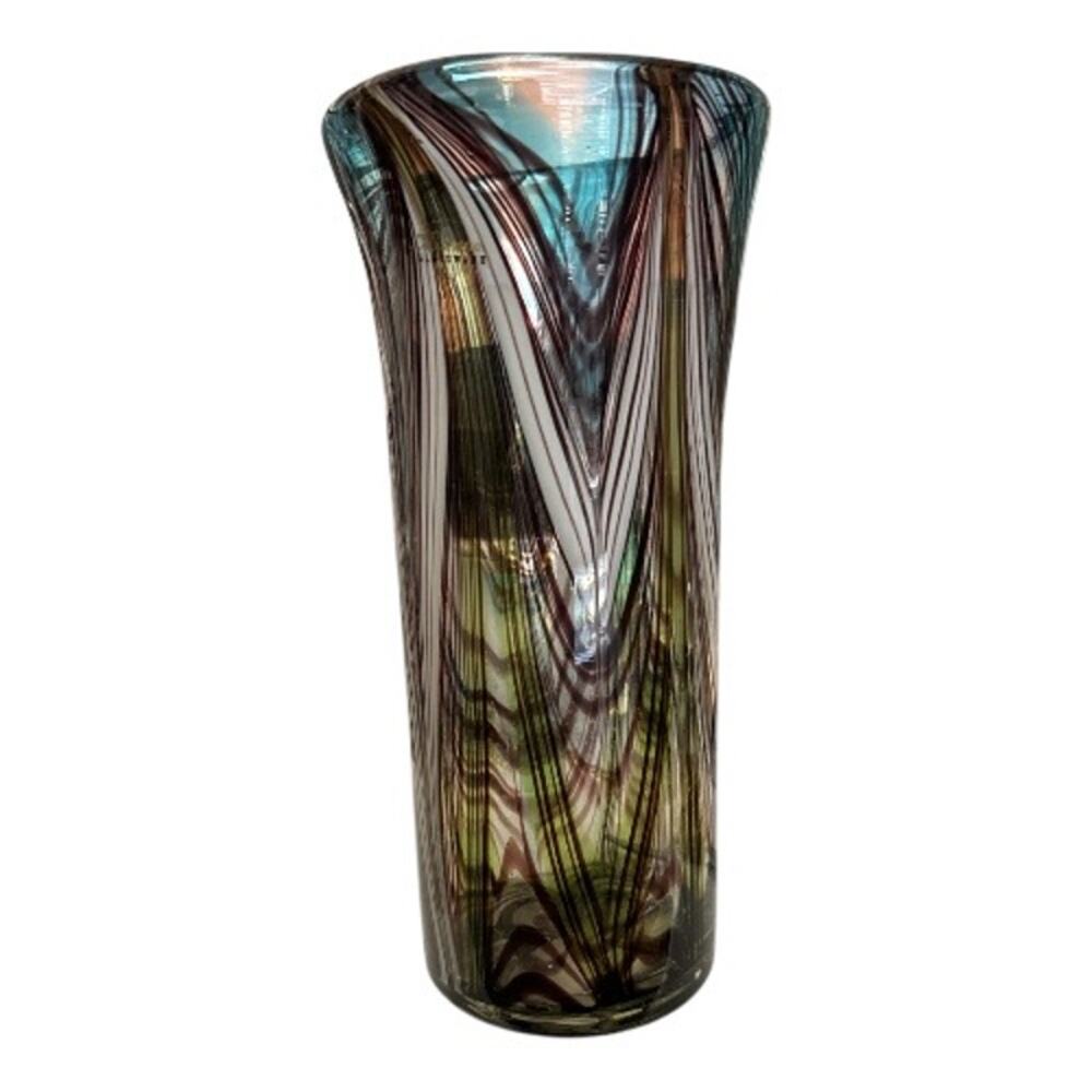 Murano Glassware Tall Brown White Blue Hand Blown Glass Vase